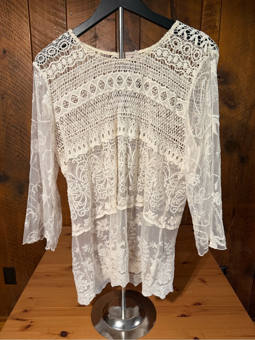 XL Ivory Cream Cotton Lace Crochet Peasant Blouse Tiered Cottagecore Boho Top